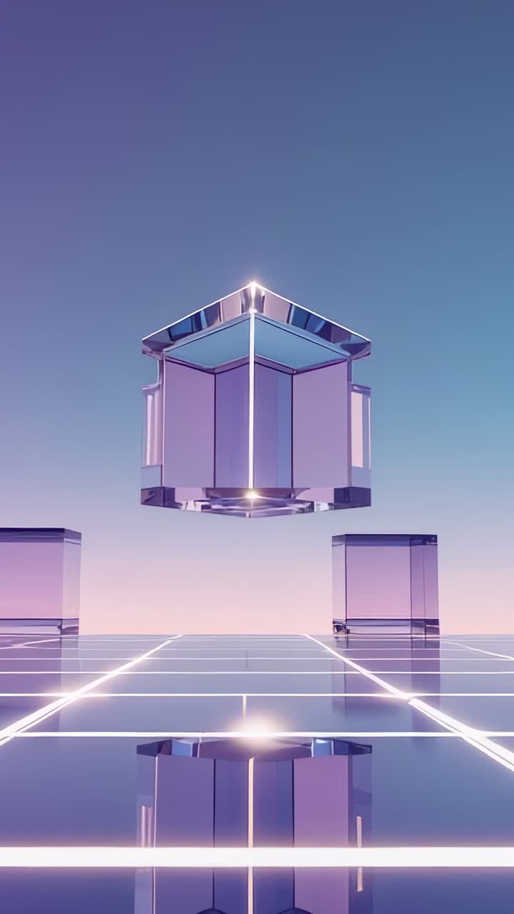 Vertical video: Hovering hexagonal prism lowering to glowing grid plane with glass cubes at edges