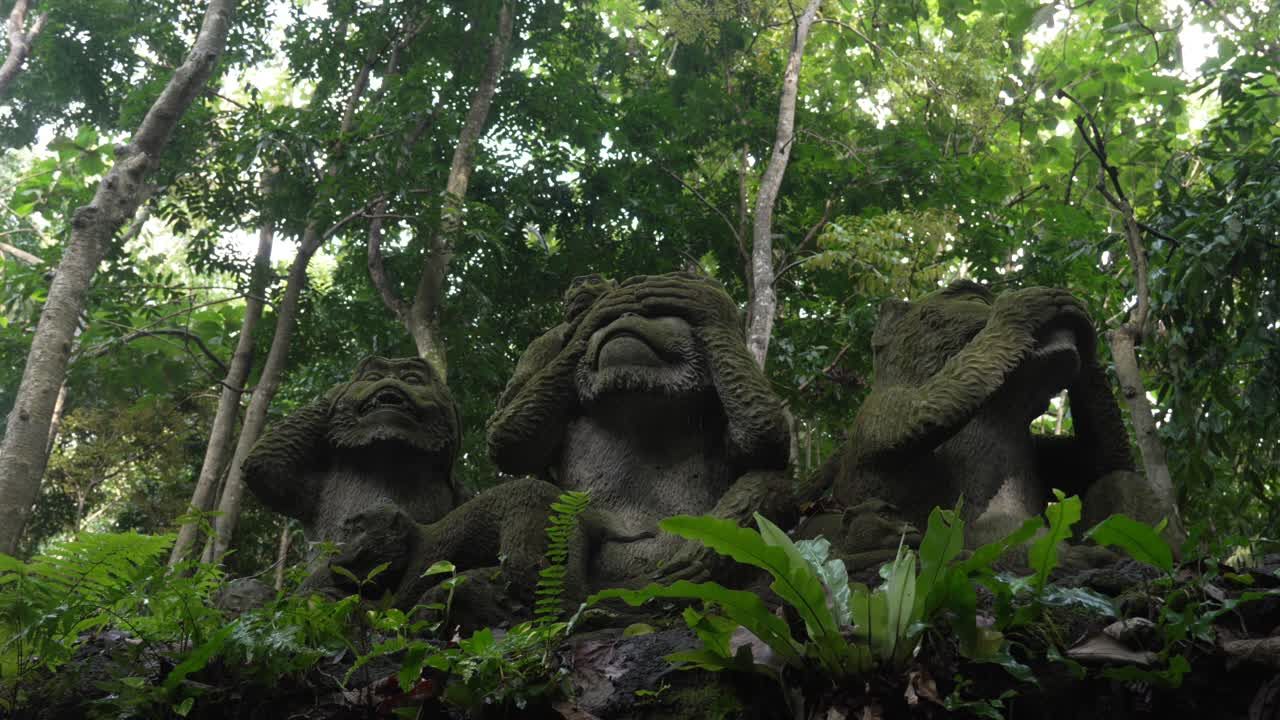 Bali Monkey forest Ubud wildlife stone carving Balinese heritage art Indonesia, 3 monkey scultures