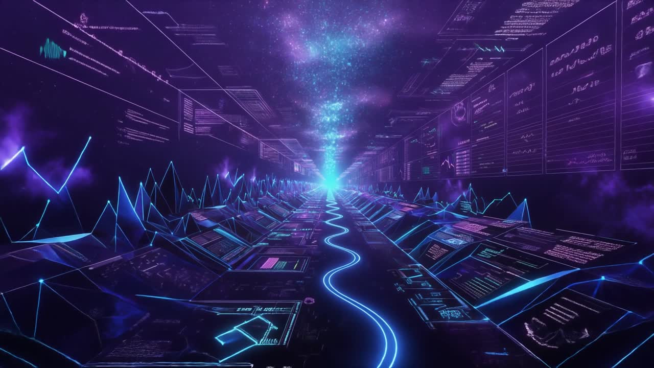 Abstract Digital Landscape with Glowing Data Stream