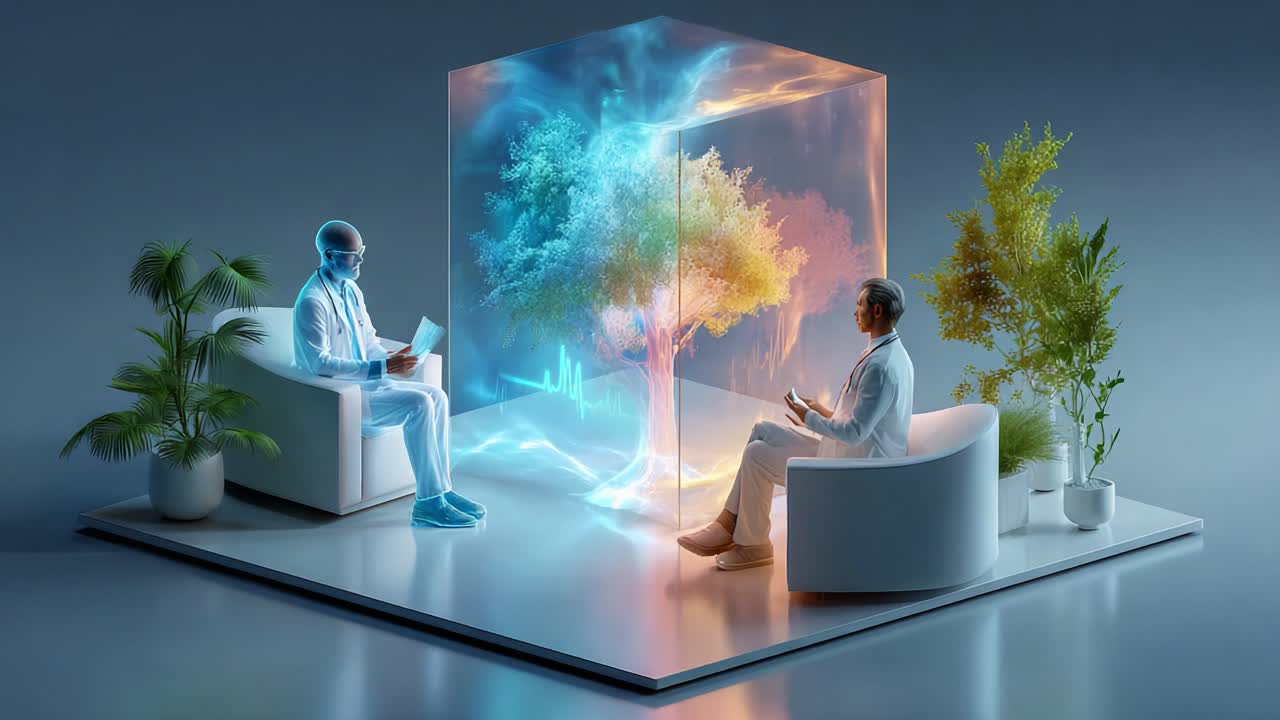 Two individuals engage in a futuristic conversation within a transparent cube that showcases vivid natural elements, emphasizing themes of technology and human connection