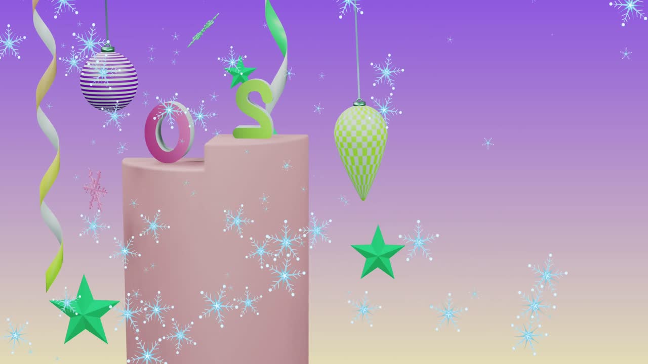 animación de copos de nieve sobre texto 2025 y decoraciones en fondo púrpura.
