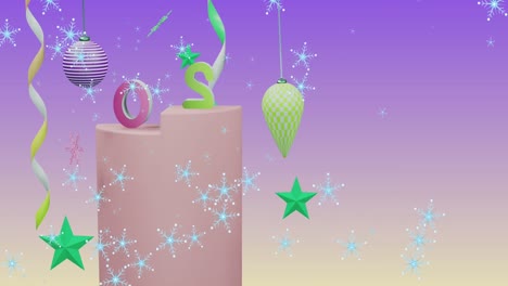 animación de copos de nieve sobre texto 2025 y decoraciones en fondo púrpura.