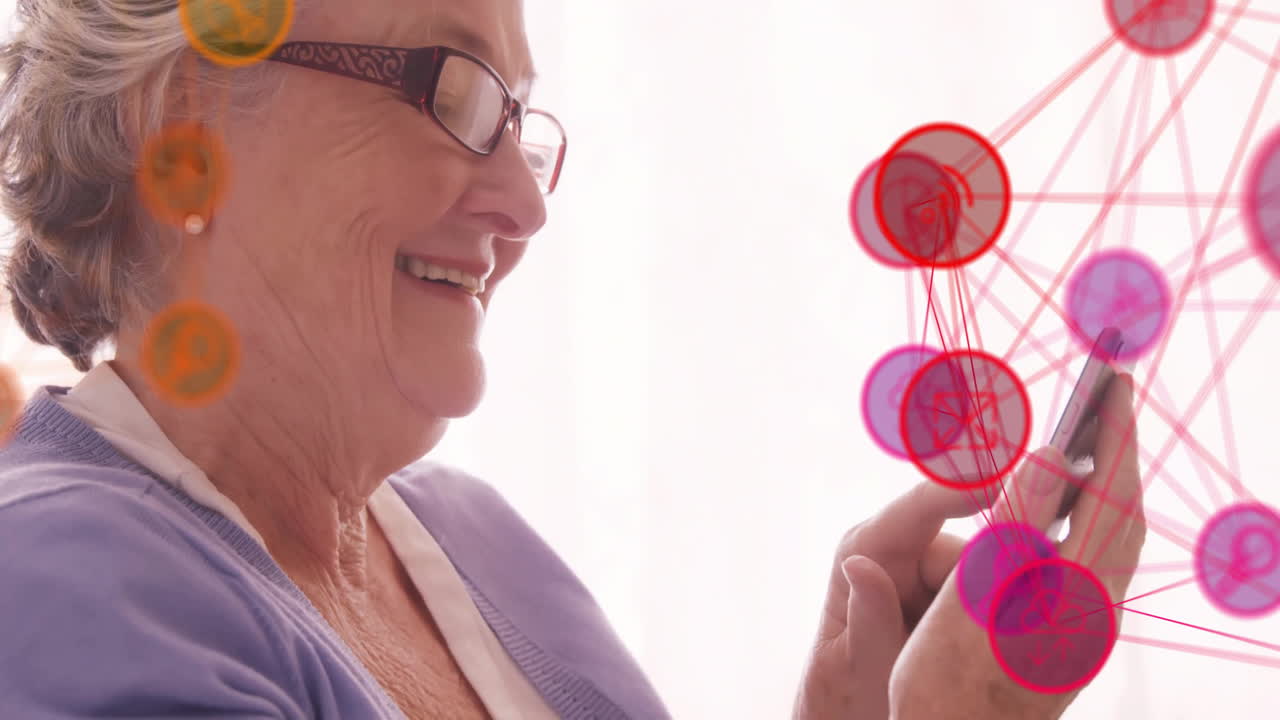 스마트폰을 사용하는 백인 여성에 대한 네트워크와 아이콘으로 지구상의 애니메이션