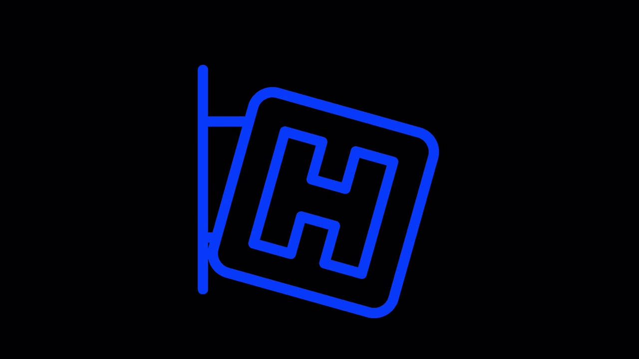 Animated Blue Neon Sign with Letter H Swinging on Black Background