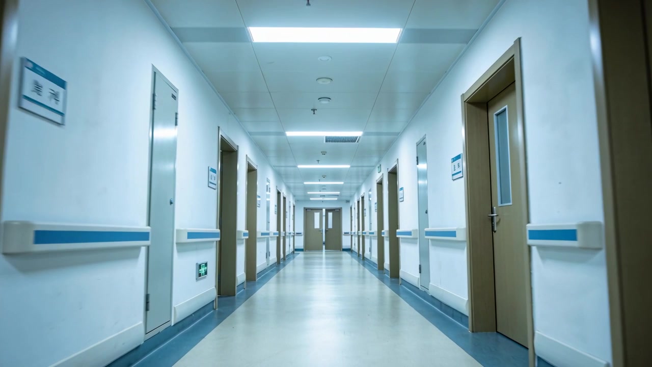 Stabiliseret kamera optager lang hospitalsgang med blå gelændere, person dukker op ved døre iført uniform.