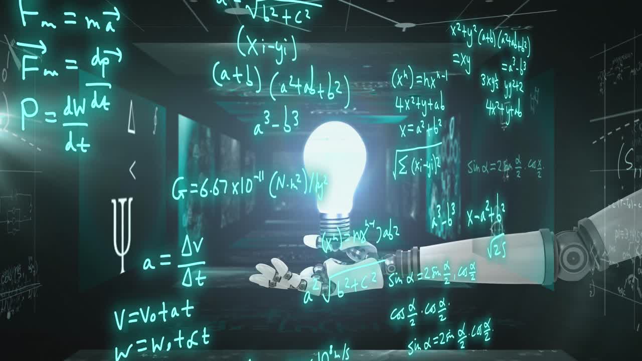 Animation of robot's arm, mathematical formulae and scientific data processing over grey background