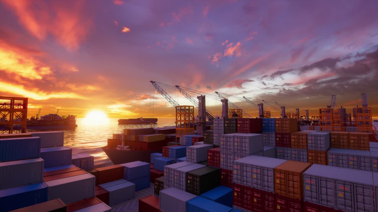 Shipping Containers In Port With Sunset