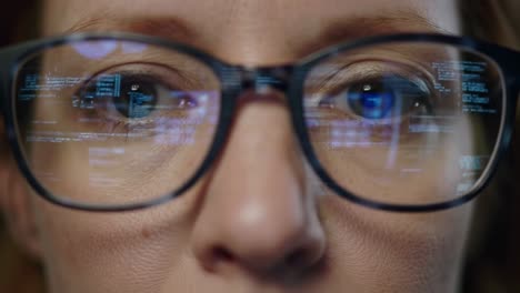 intense gaze: woman's eyes reflecting digital code