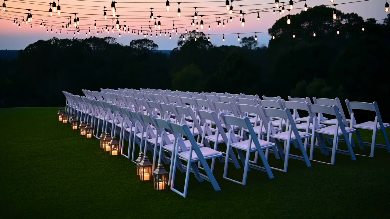 File di sedie bianche in una serena area erbosa all'aperto con luci a stringa e cornici in legno, l'attesa cresce per una location per matrimoni o un'ambientazione per l'organizzazione di eventi, scatto grandangolare.