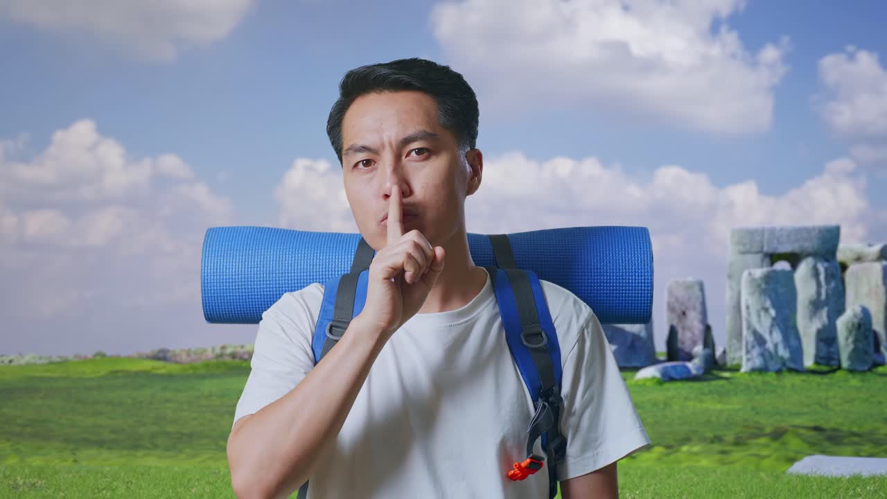 Close Up Of Asian Male Hiker With Mountaineering Backpack Looking At Camera And Making Shh Gesture While Traveling In Stonehenge