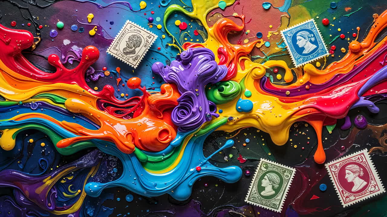 Vibrant Paint Splatter with Vintage Postage Stamps