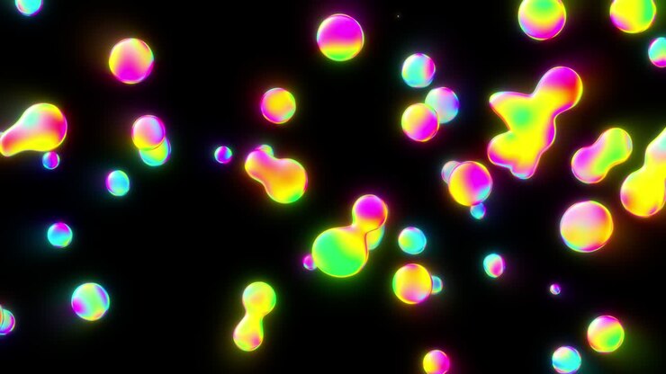 Bolle liquide vivaci e colorate che fluttuano lentamente verso l'alto.