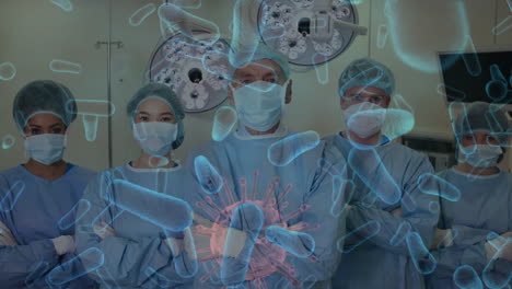 animación de células de virus flotando sobre los médicos que llevan máscaras faciales
