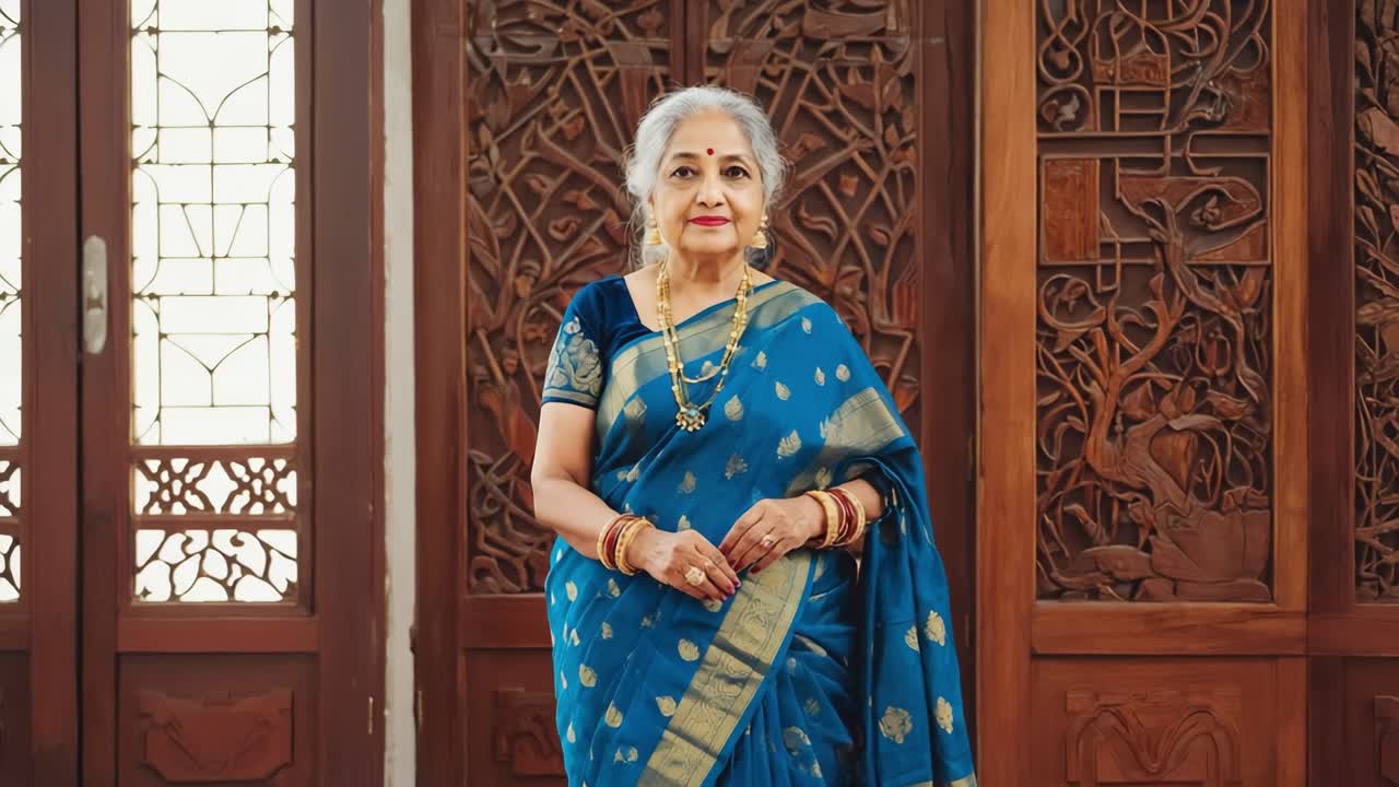 Elegant senior woman wearing blue sari and gold jewelry posing in traditional house with carved wooden door, representing indian culture and timeless beauty