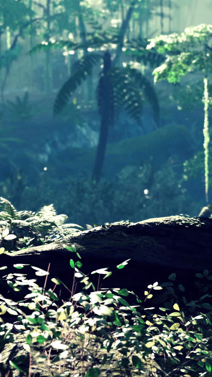 una escena de selva exuberante con árboles altos, hojas verdes y una piedra en primer plano