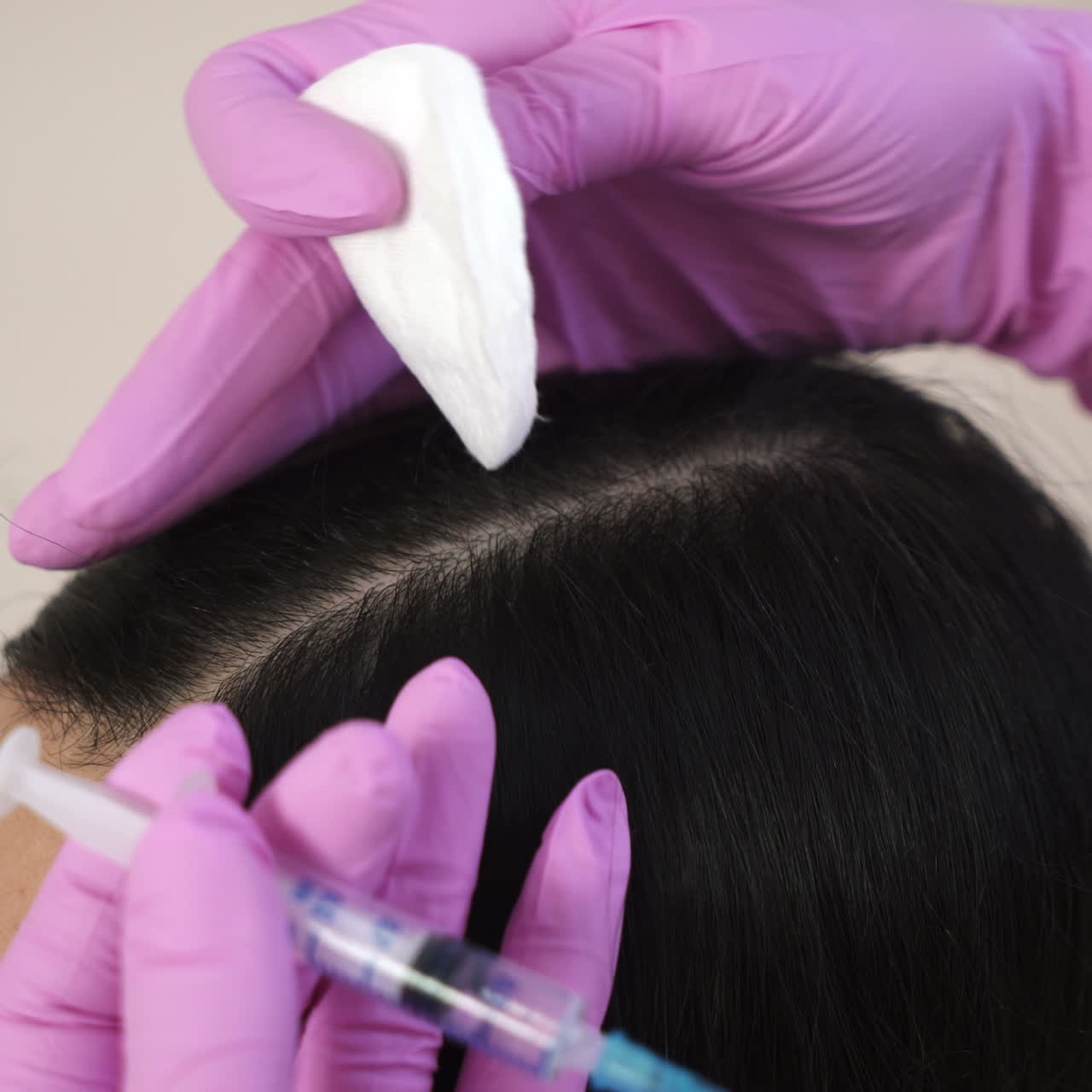 Needle mesotherapy. Cosmetic been injected in woman's head. Thrust to strengthen hair and their growth