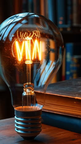 bright bulb lights old books. a glowing vintage light bulb rests beside stacked old books on a wooden desk in a cozy library setting.