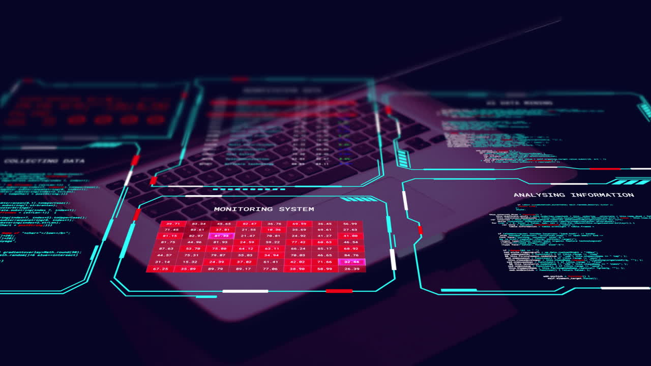 animación del procesamiento de datos digitales en pantallas sobre portátil sobre fondo negro