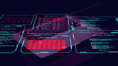 Animation-Der-Digitalen-Datenverarbeitung-Auf-Bildschirmen-über-Einem-Laptop-Auf-Schwarzem-Hintergrund