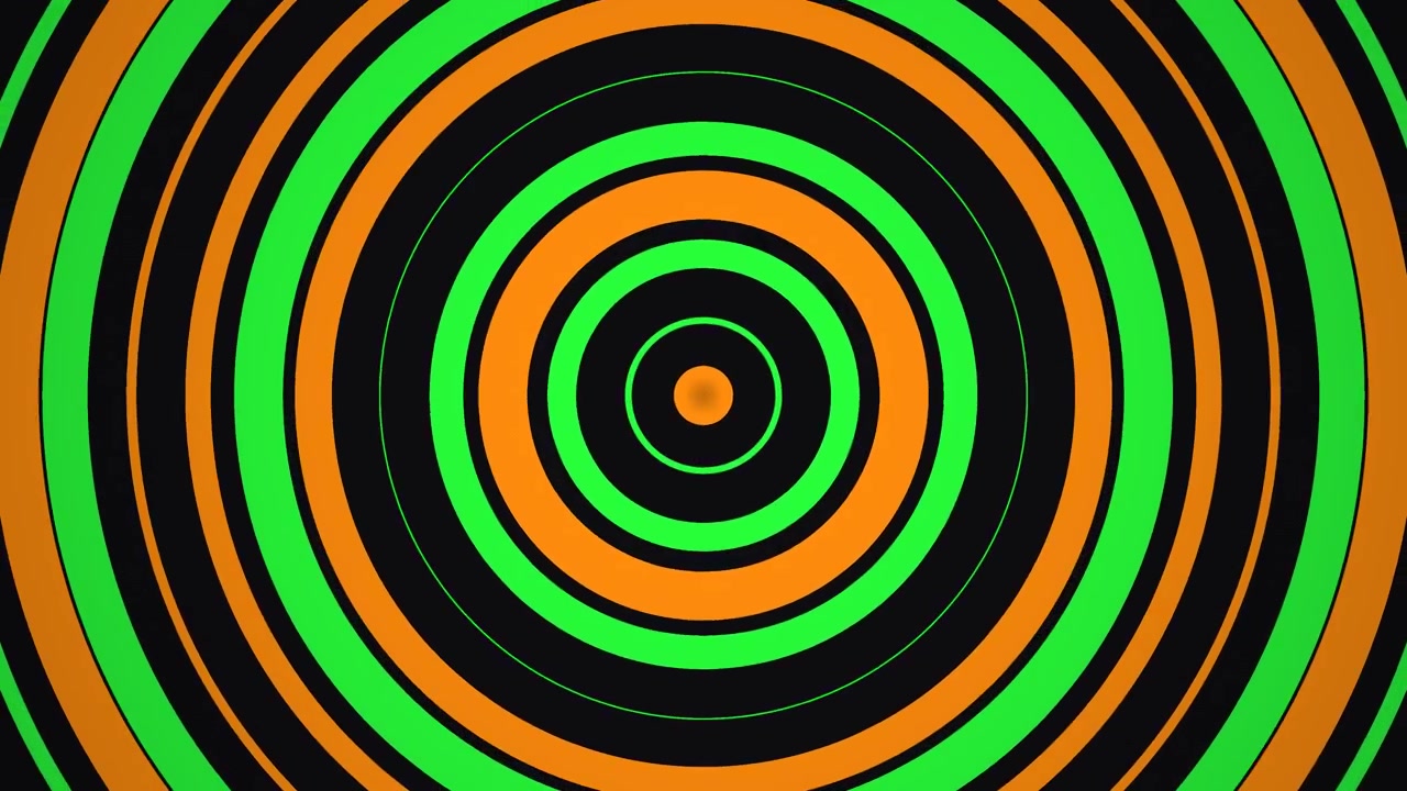 Cerchi concentrici colorati creano un motivo dinamico. Il design presenta tonalità vivaci di arancione e verde su uno sfondo nero. I cerchi attirano l'attenzione e creano un senso di movimento