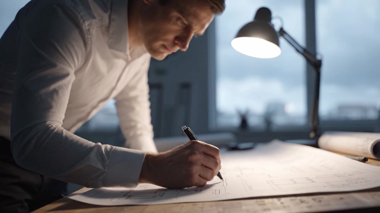 Skupiony projektant pilnie pracuje nad planami architektonicznymi w nowoczesnym miejscu pracy z naturalnym światłem i stylową lampą biurkową, wzbogacającą kreatywne środowisko