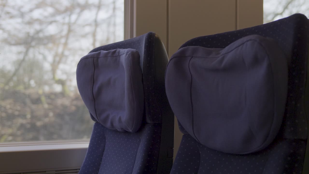 Two seats inside a moving German ICE high-speed train with a blurred exterior view