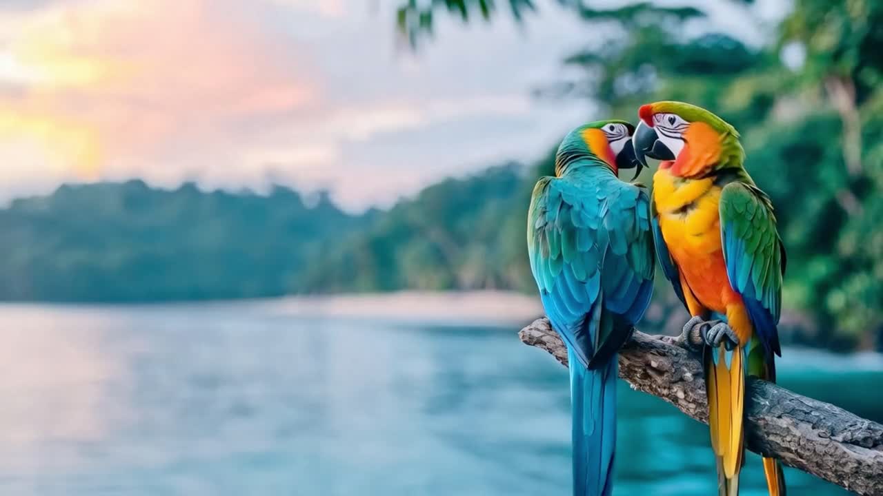 Two colorful parrots on a branch overlooking a tropical waterscape at sunset