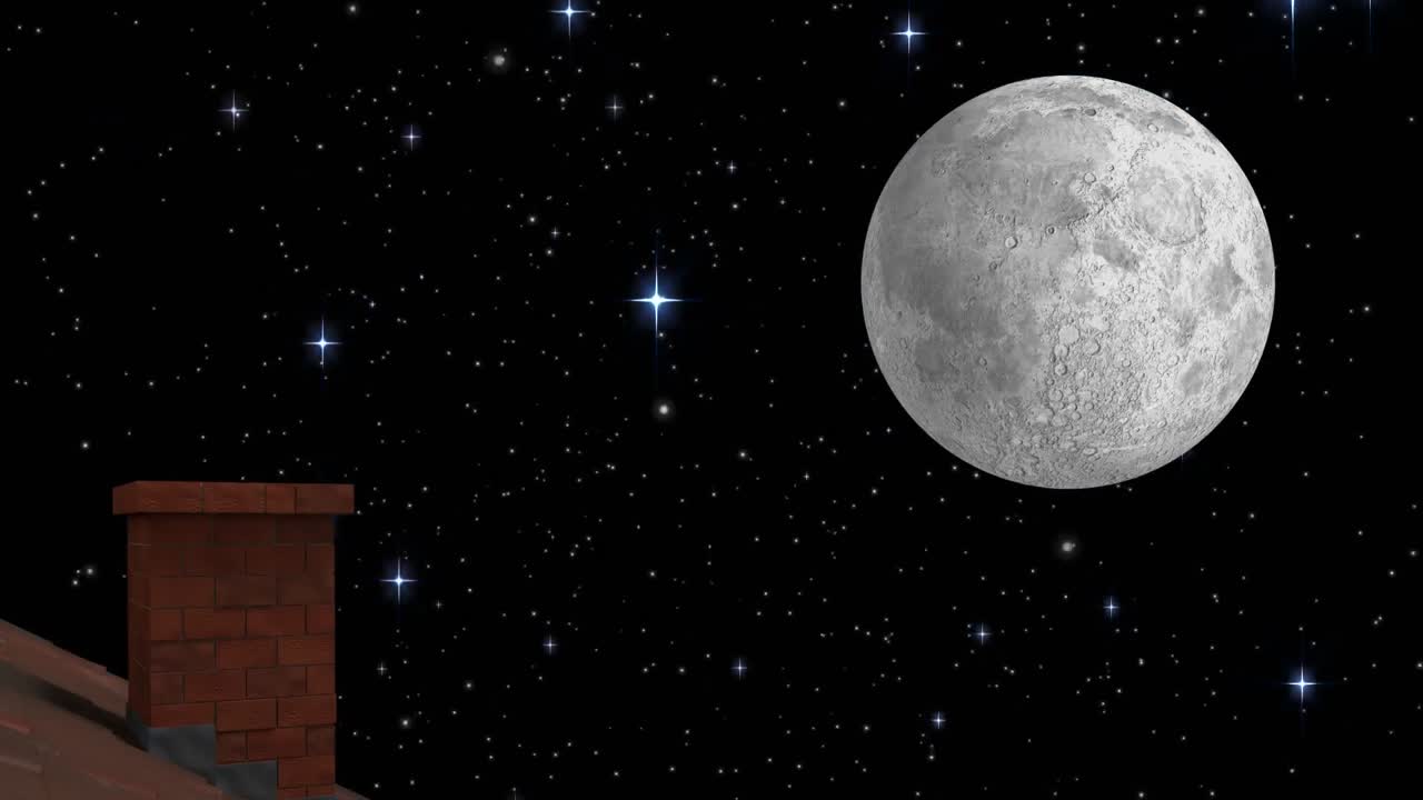 굴 ⁇ , 눈이 떨어지고 달이 있는 겨울 크리스마스 풍경의 애니메이션