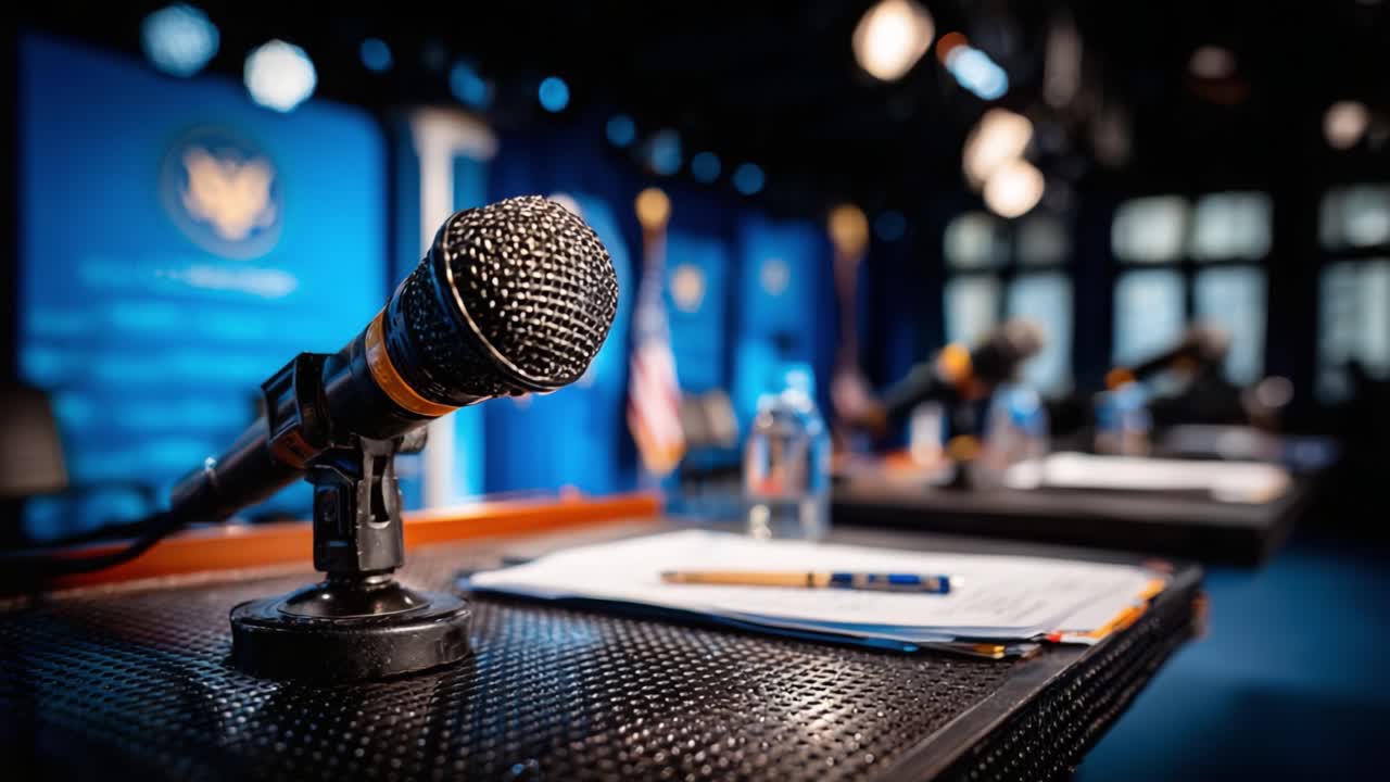 A Close-Up View of a Microphone at a Press Conference Setting with Clear Background Elements and Prepared Materials for Upcoming Discussions
