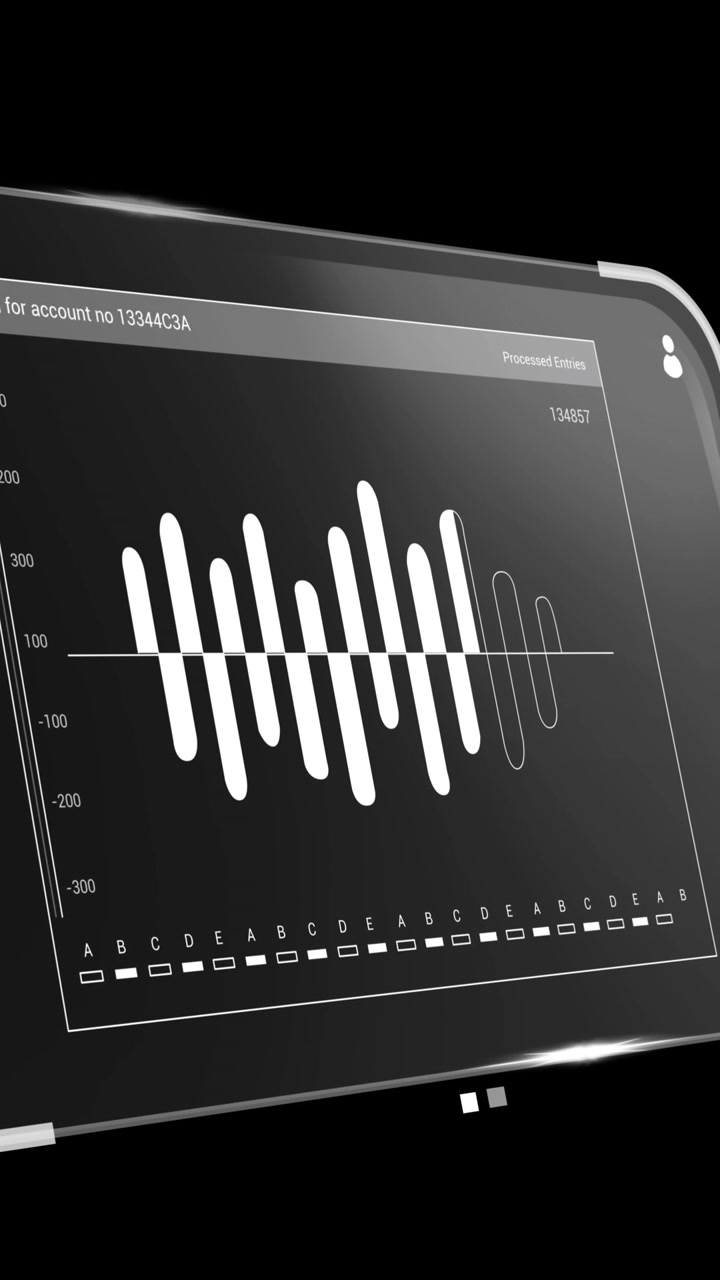 Animation of data processing on screen over black background