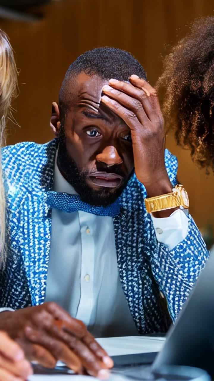 A Frustrated Man in a Blue Suit Analyzing Data on His Laptop During a Critical Meeting with Colleagues Displaying Expressions of Concern and Stress