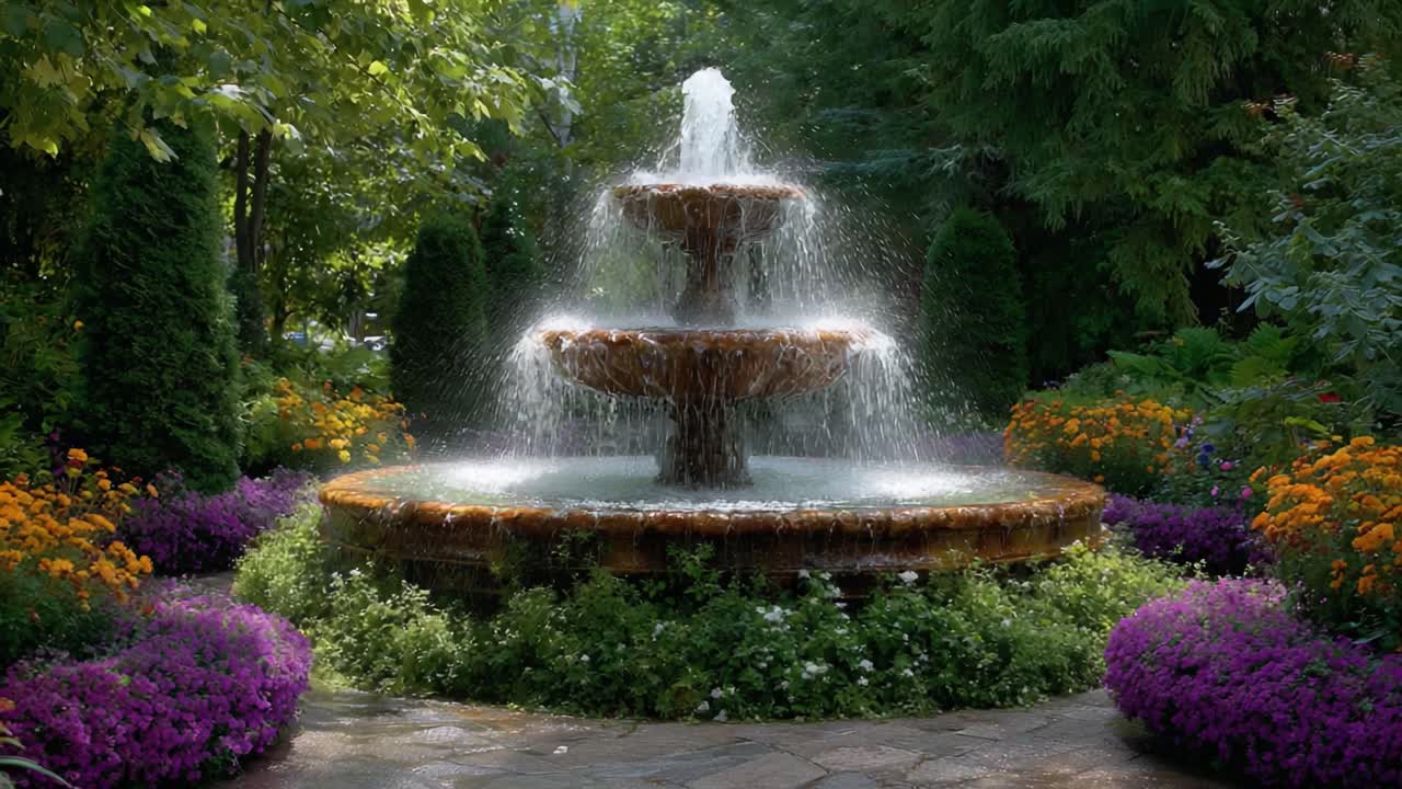 A Beautiful Garden Fountain Surrounded by Lush Greenery and Colorful Flowers, Capturing the Essence of Tranquility and Nature's Beauty in a Serene Environment