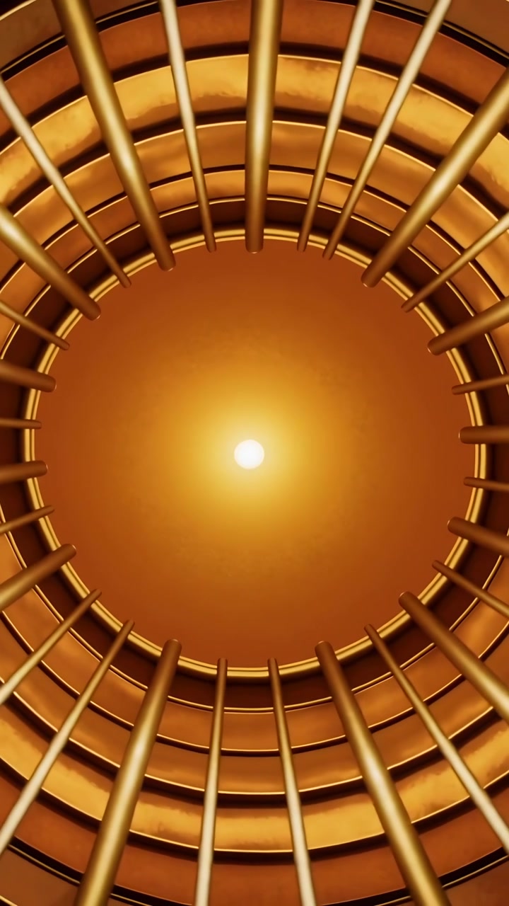 Vertical video: Frames driving circular opening rising through shaft nearing central orb and rods