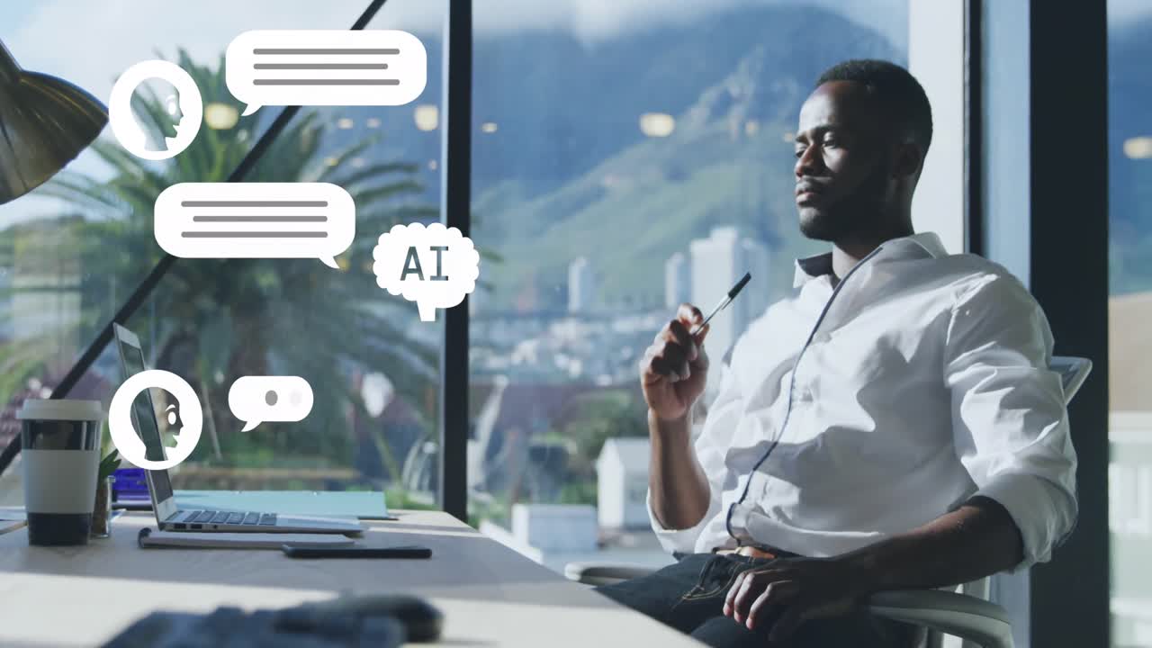 animación de procesamiento de datos de la ia sobre un hombre de negocios afroamericano usando una computadora portátil