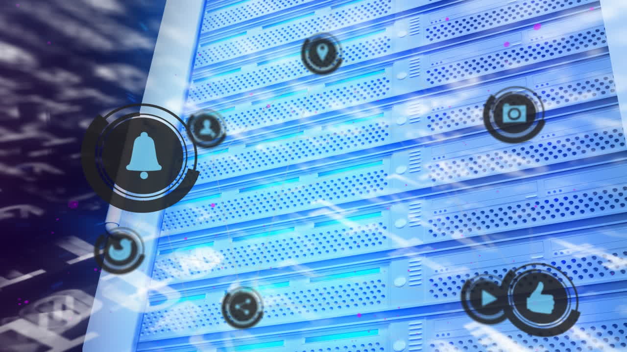 animación del procesamiento de datos y los iconos de los medios en la sala del servidor