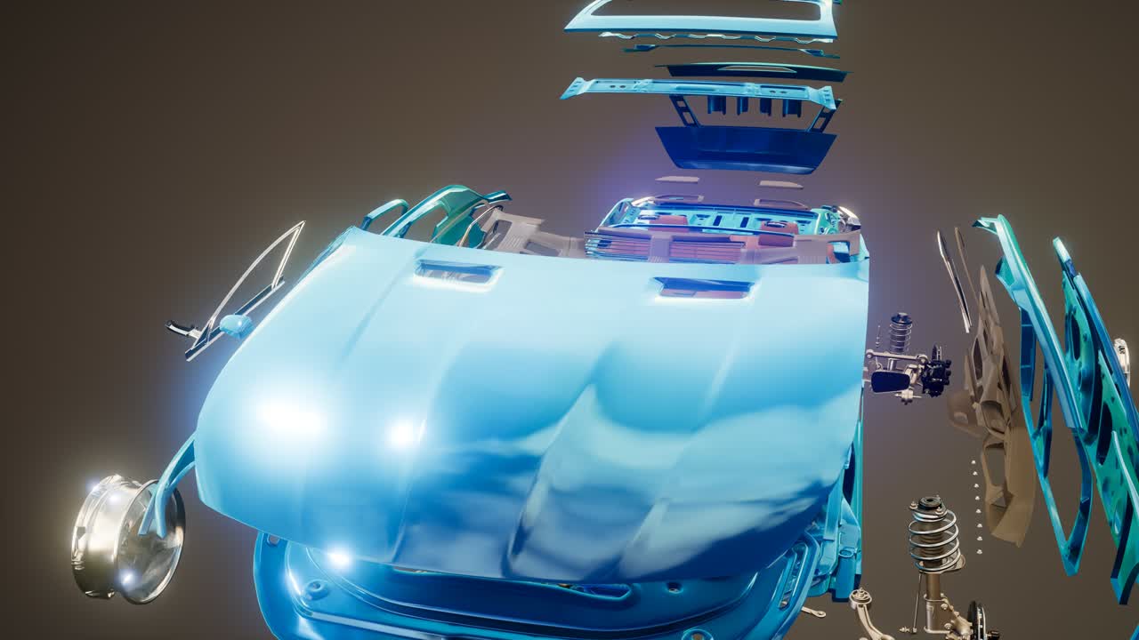 눈에 띄는 부분이 있는 분해된 자동차