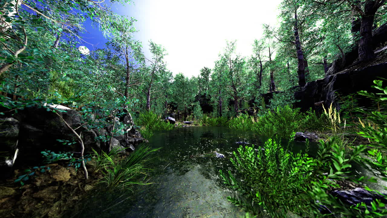 Tranquil forest oasis with vibrant foliage and reflective water surface