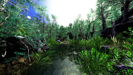tranquil forest oasis with vibrant foliage and reflective water surface