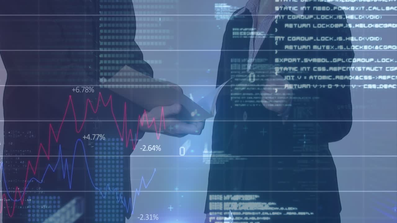 Animazione di dati finanziari sulla parte centrale di persone d'affari caucasiche.