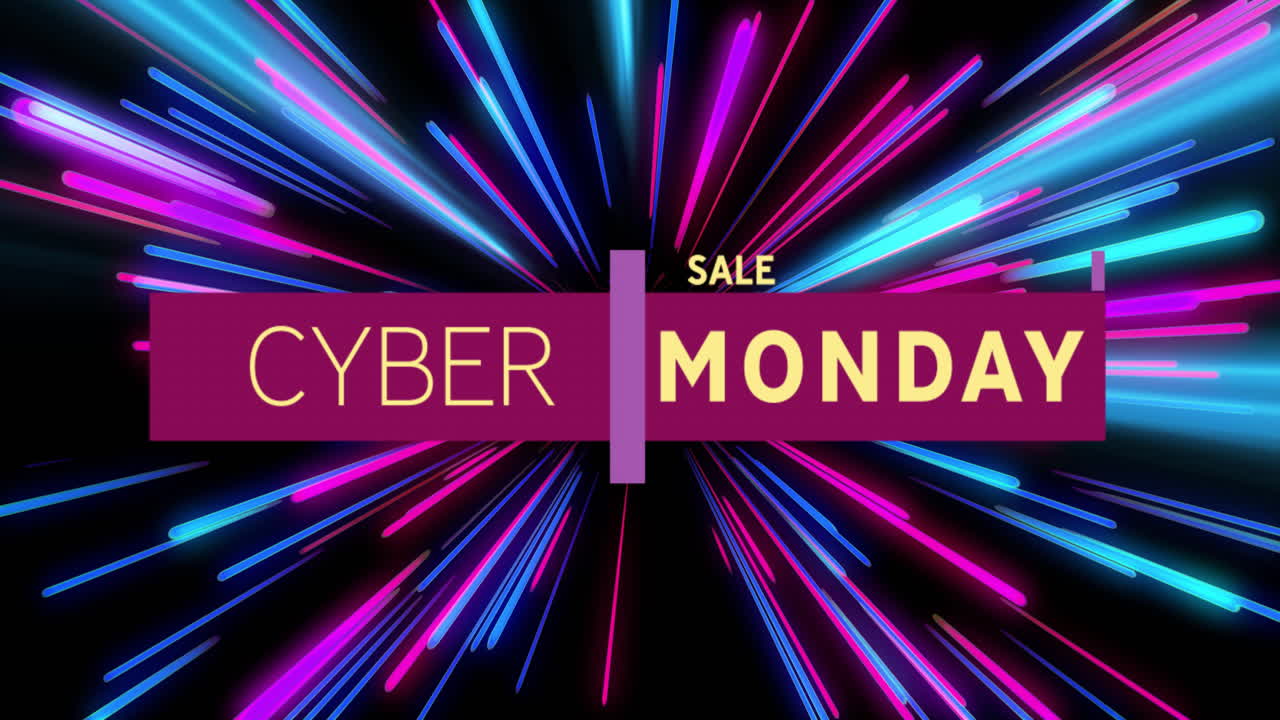 Cyber Monday sale animation with colorful light streaks on black background