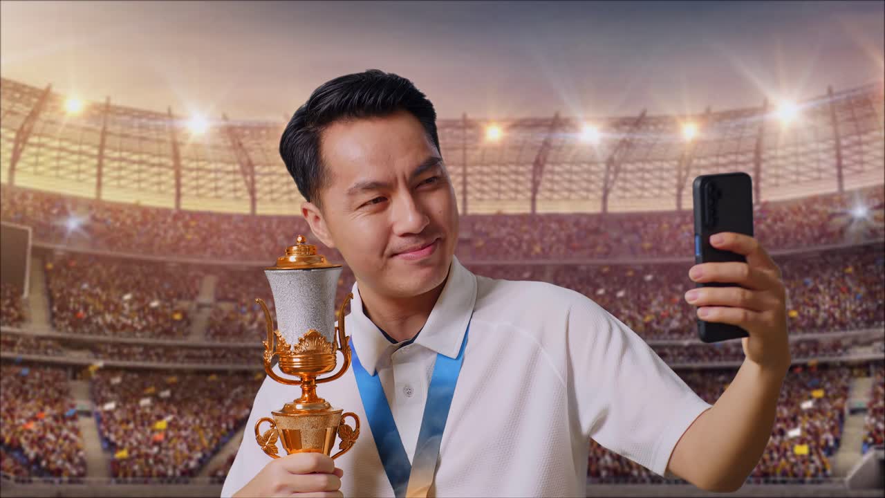 골드 트로피를 들고 스마트워치로 사진을 찍은 금메달을  아시아 남자의 클로즈업
