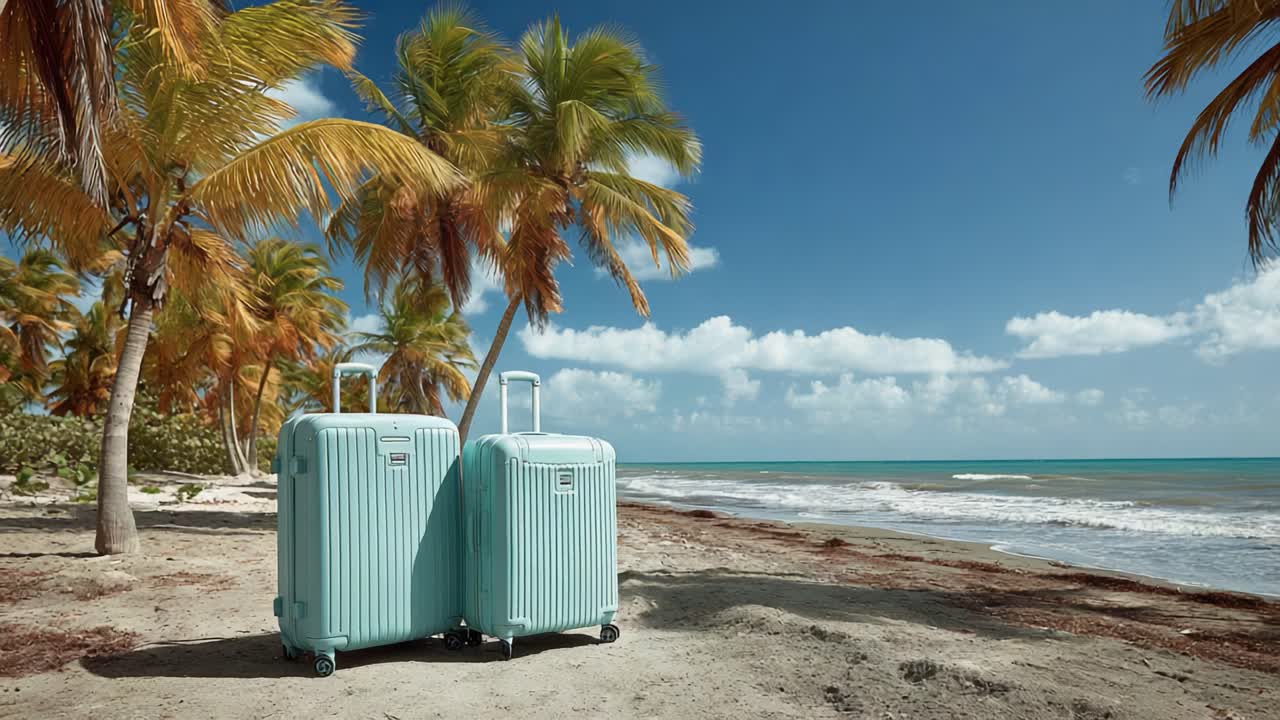 Paradiso tropicale: due eleganti valigie appoggiate su una spiaggia serena sotto vivaci palme con un oceano calmo sullo sfondo
