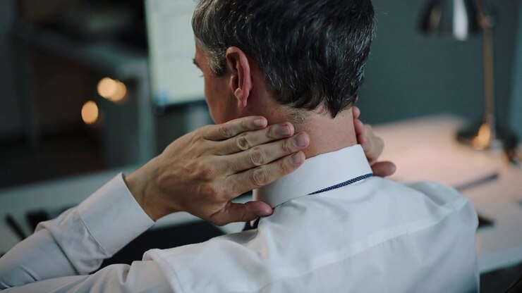 In pausa al PC, uomo di mezza età in camicia bianca che si massaggia il collo con le mani alla scrivania per trovare sollievo