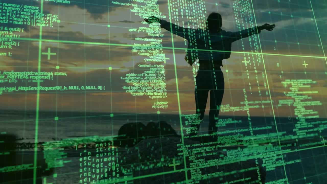 Cuadrícula de código apareciendo sobre la orilla, silueta alineándose y levantando los brazos en forma de T mostrando tecnología.