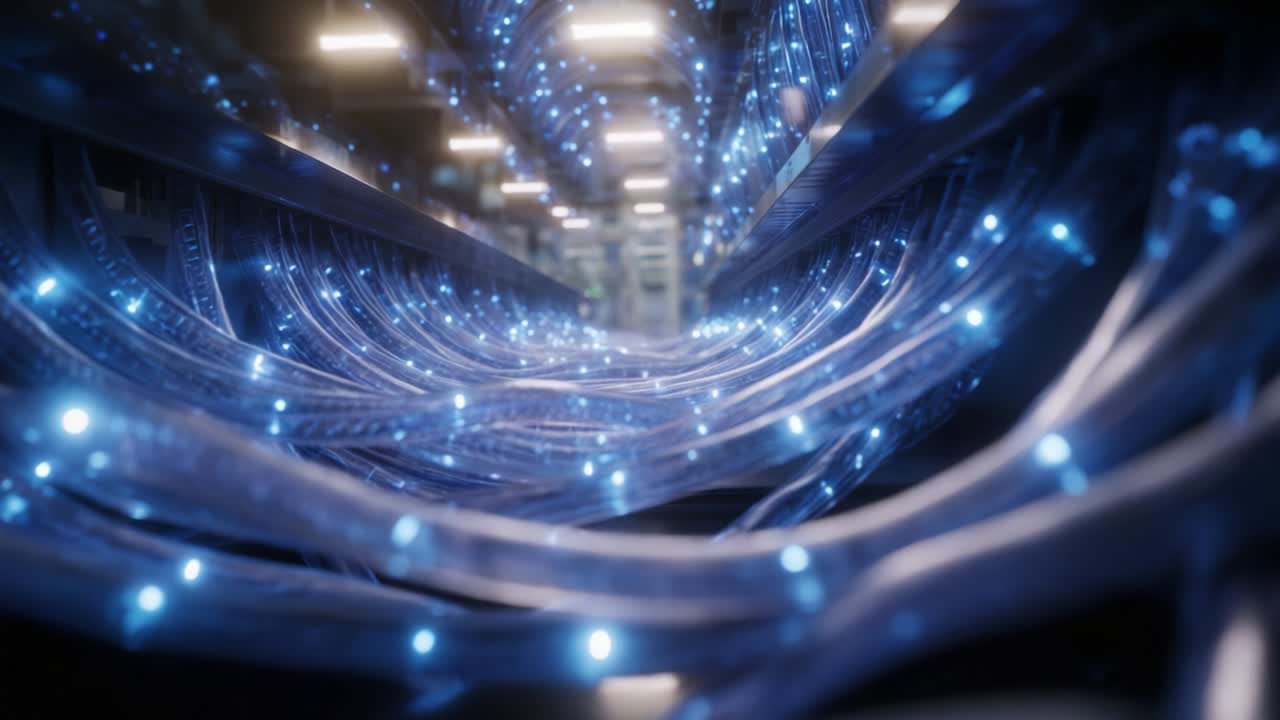 A mesmerizing perspective through a high-tech corridor filled with glowing cables and lights, illustrating the intricate network of connectivity and data flow in a futuristic digital environment