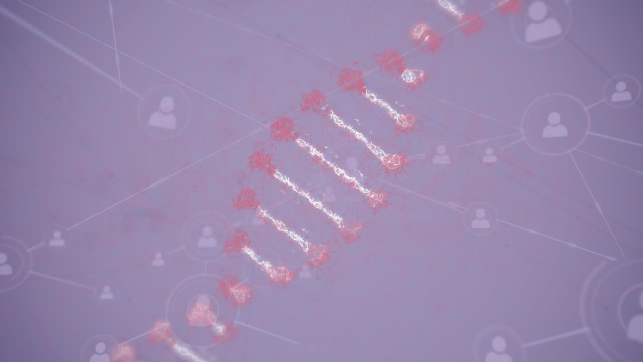 보라색 바탕에 있는 dna 가닥과 연결 네트워크의 애니메이션