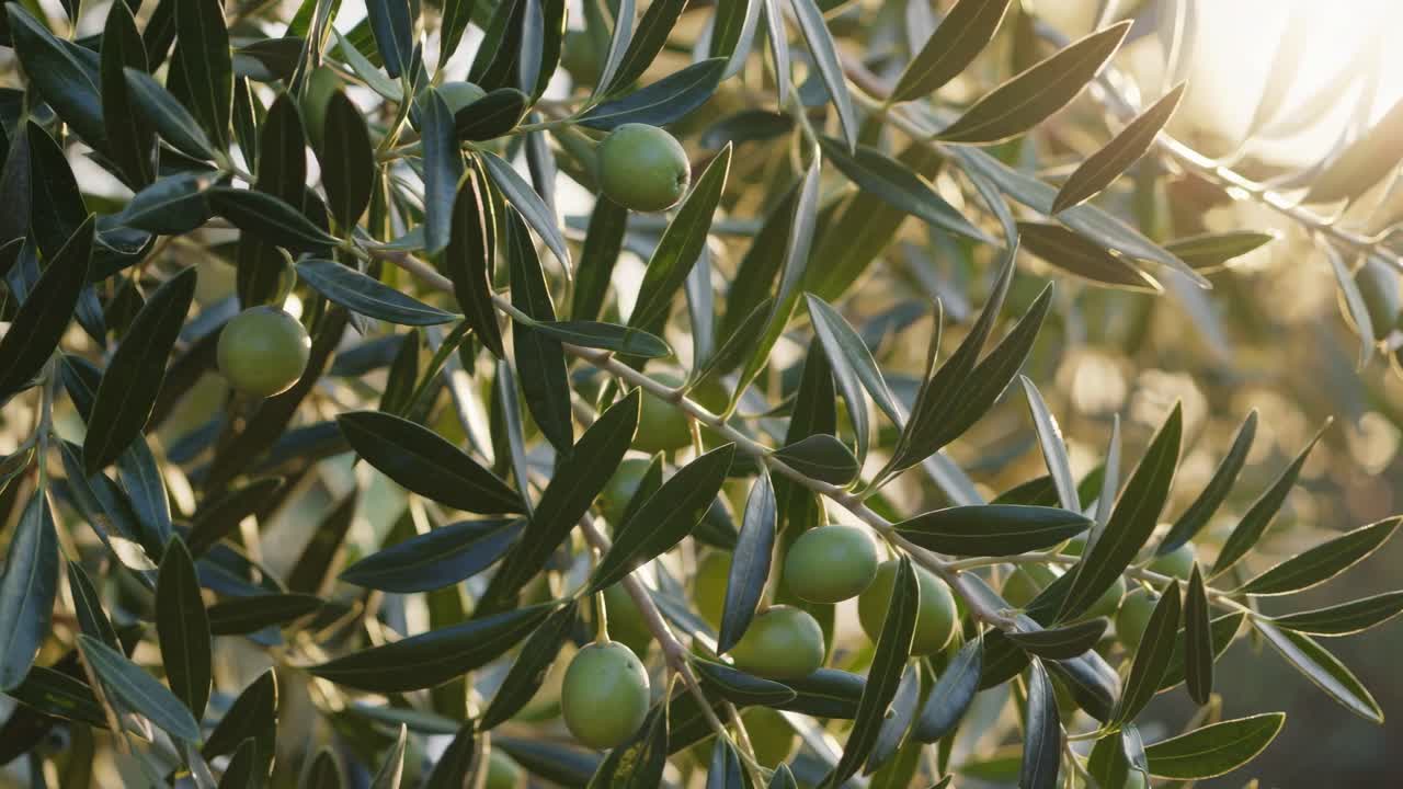 Close-up video shot of olive branches with ripe olives, captured at a low angle