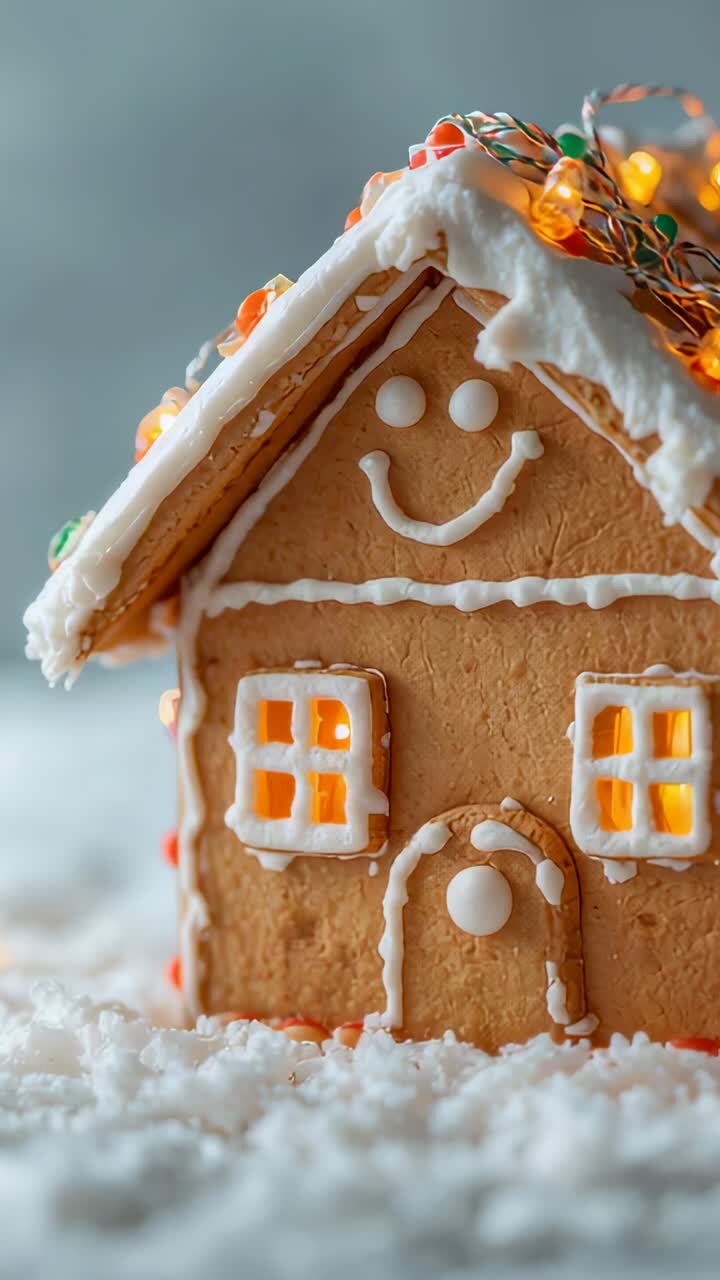 Vertical video: Sliding camera revealing gingerbread house at tabletop, showing icing, lights, snow