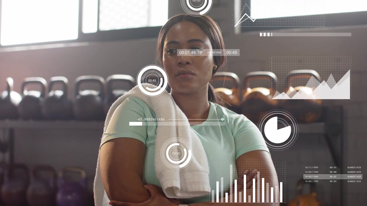 Female trainer pausing, arms crossed in gym, fitness band syncing, animated graphs overlaying torso
