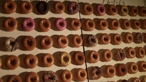 Variety-of-doughnuts-displayed-on-a-wall,-closeup-shot
